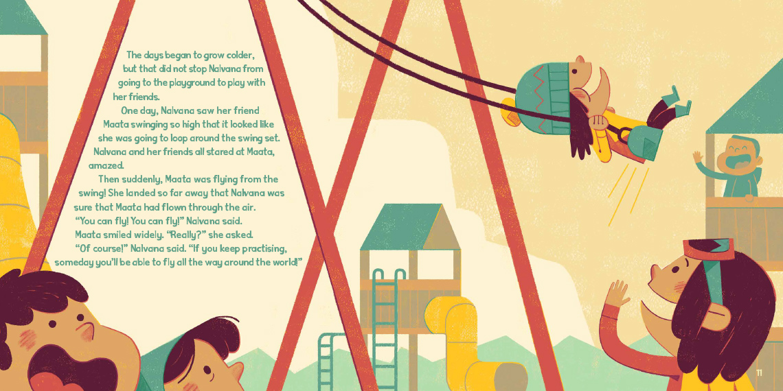 Nalvana and her friends in a playground. Her friend Maata is swinging very high on a swing