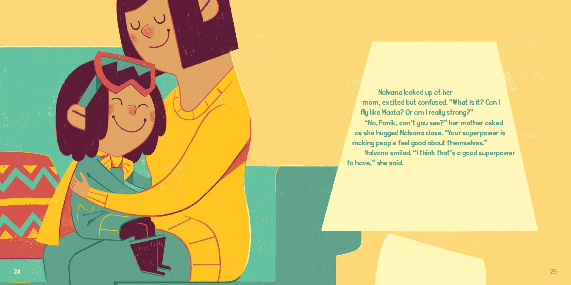 Nalvana and her mother smiling and hugging on the couch.