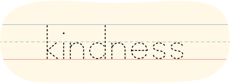 A red dot tracing the printed letters that form the word "kindness."