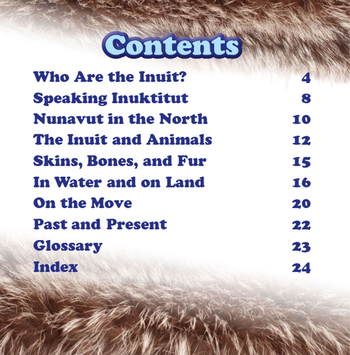 A table of contents, with chapter’s name is listed on the left, and their related page numbers listed on the right. Chapters are in order.