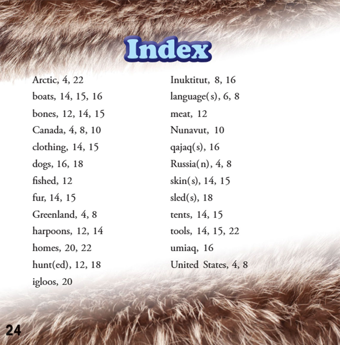 An index with a list of the book’s key words, and the page numbers the key words can be found on. The key words are in alphabetical order.