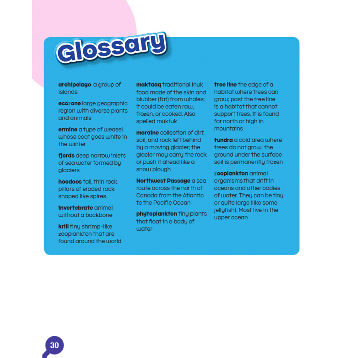 A glossary is an alphabetical list of important words and their definitions. The important word is in bold.