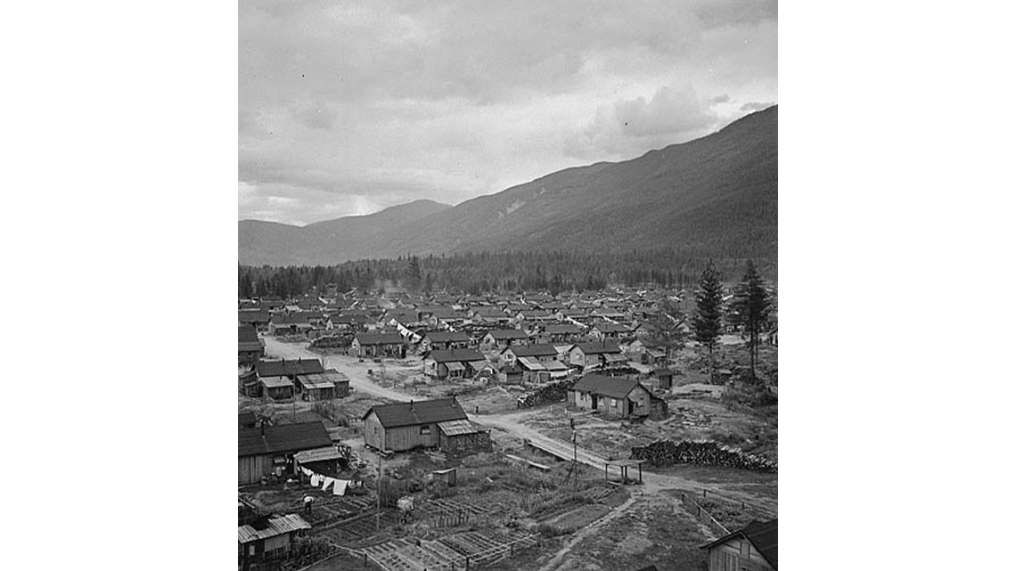 A settlement of very simple, rustic-looking buildings