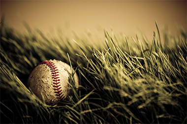 A baseball in the grass.