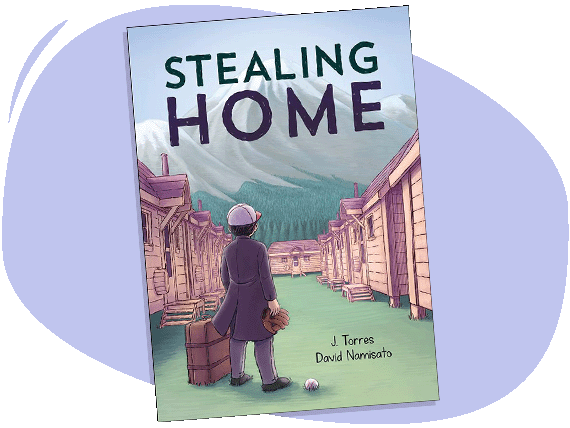 Front cover of graphic novel “Stealing Home.” A boy with a baseball glove and suitcase has just arrived at an internment camp.