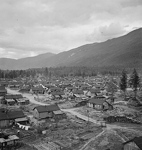 A settlement of very simple, rustic-looking buildings