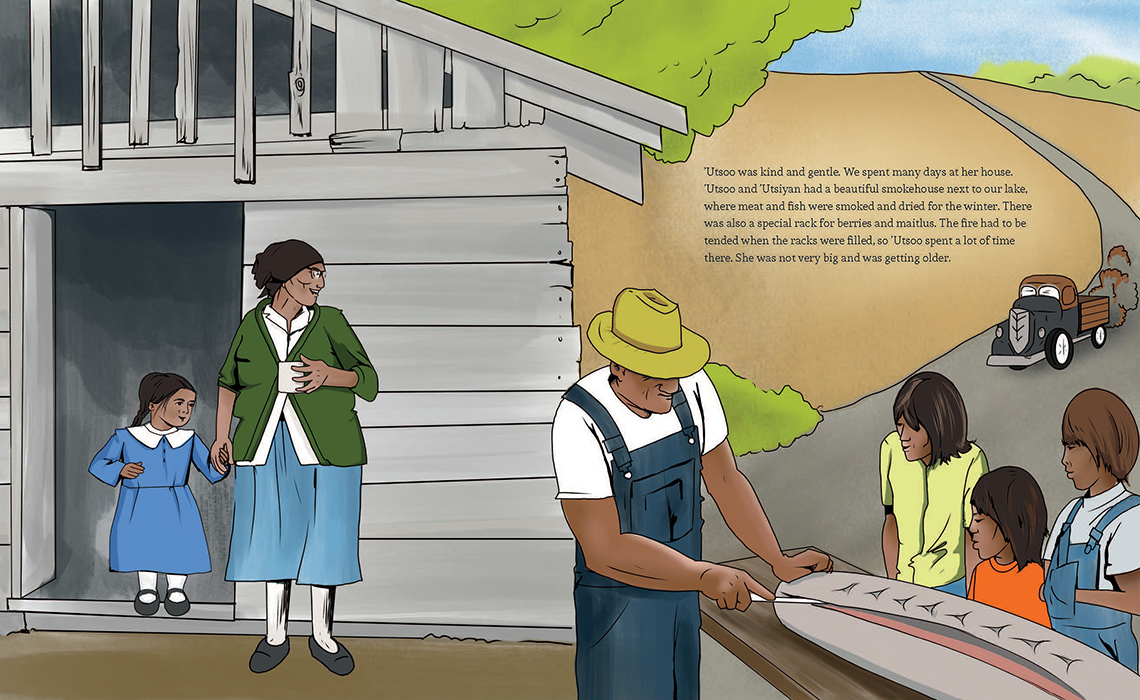 A young child stands with their grandmother while 3 other children watch their grandfather working on their farm.