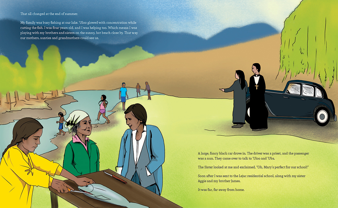 A group of adults and children at a river are approached by a black car with a nun and a priest.