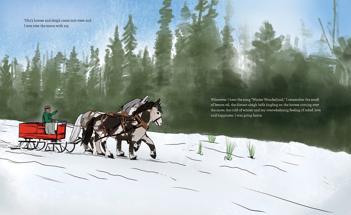 A man drives a sleigh pulled by 2 horses through a snowy landscape.