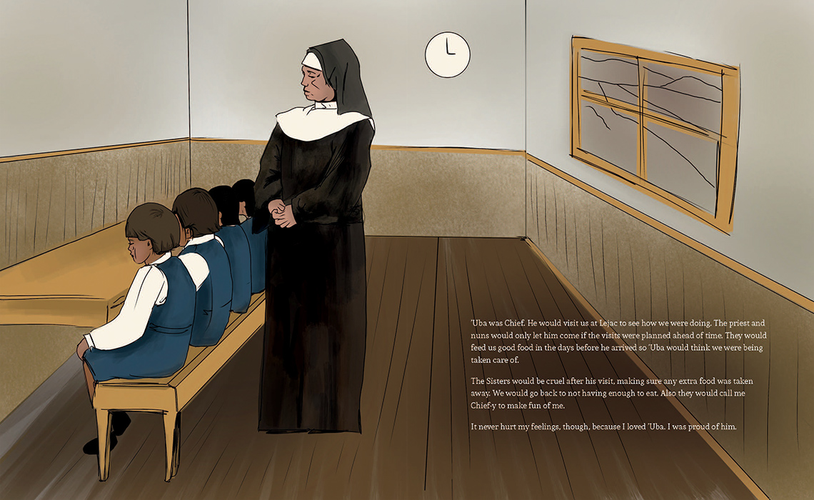 A nun watches girls in uniform sitting at a table in a care room. They look unhappy.