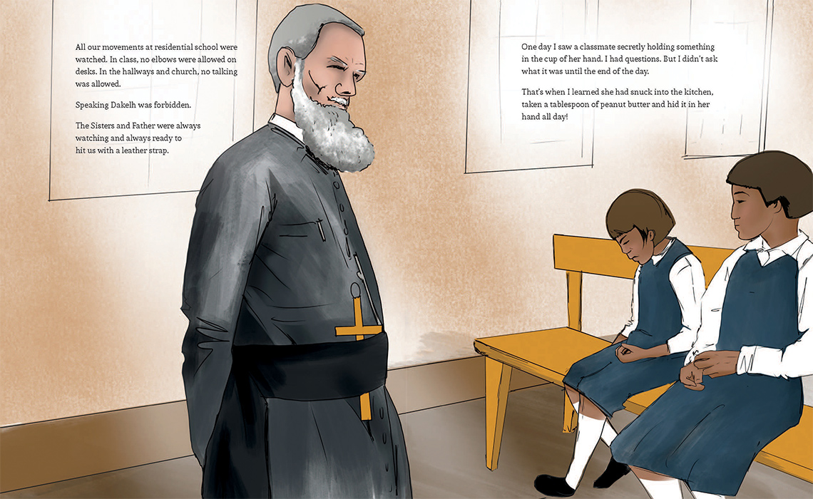 A priest is watching two girls as they sit on a bench.