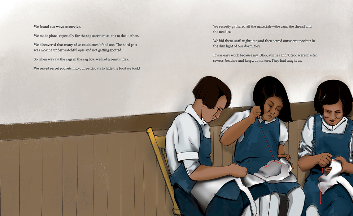 3 girls are sewing scraps of white cloth into pockets.