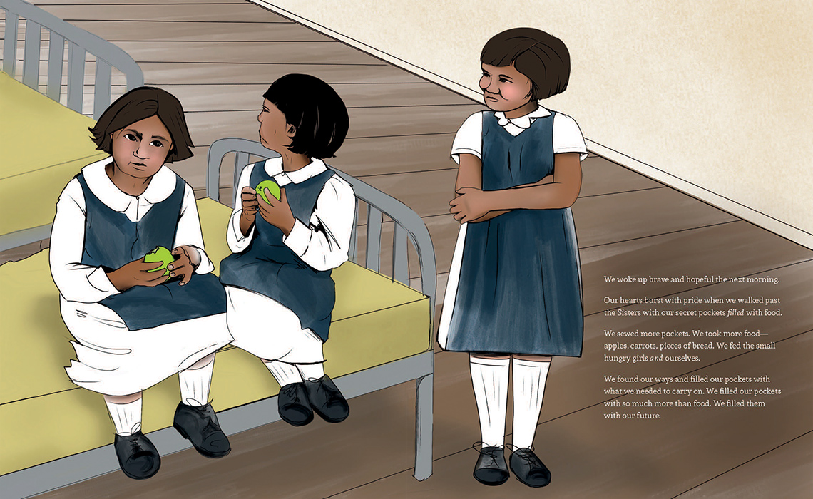 Two young girls are eating two apples in a dormitory bedroom and keeping watch. Another girl is smiling and looks healthier.