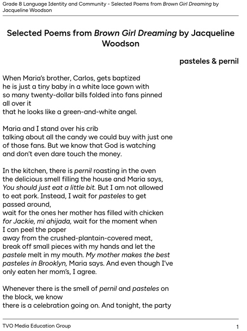 Selected Poems from Brown Girl Dreaming by Jacqueline Woodson.