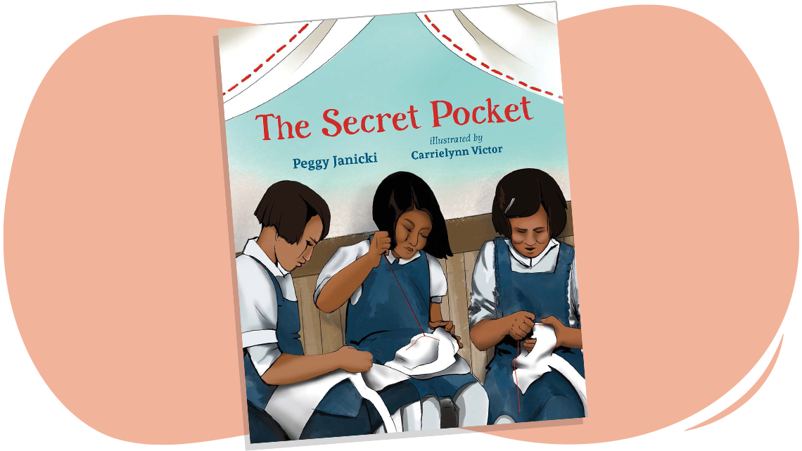 Book cover of ‘The Secret Pocket’, with three young children sewing white cloth. They are wearing plain school uniforms.