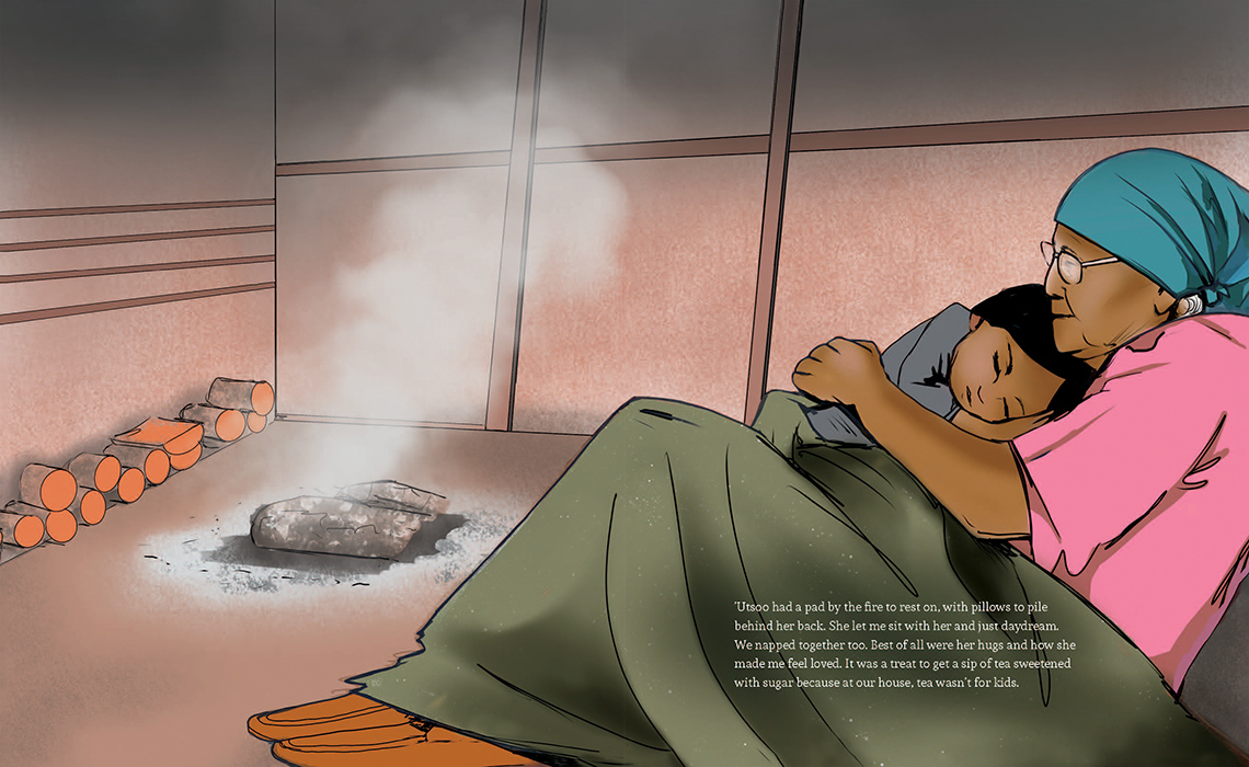A child snuggles with her grandmother in front of a fire.