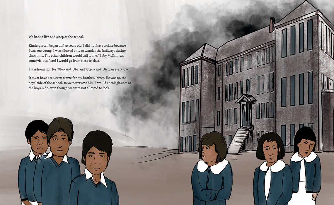 Girls and boys in uniform are separated into two lines in front of a grey, smoky 3 story building.