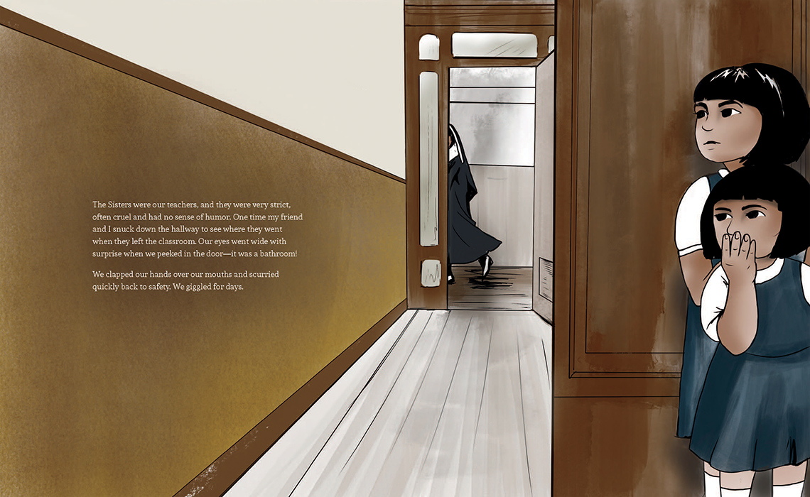 Two girls hide their laughter as they watch a nun go into a bathroom.