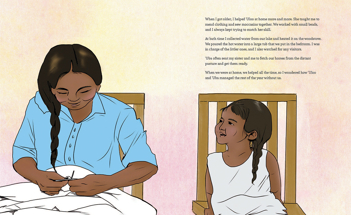A girl and her grandmother spend time together, smiling and sewing.
