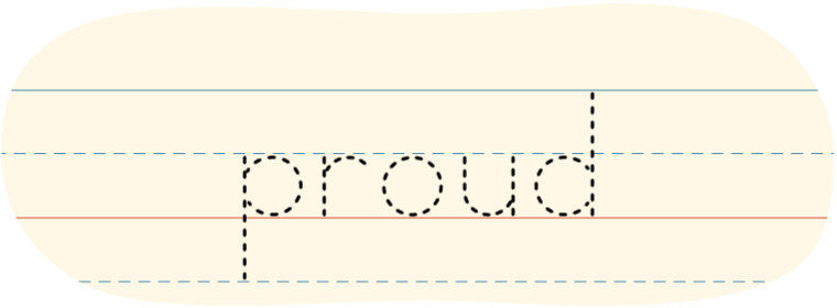 A red dot tracing the printed word "proud"