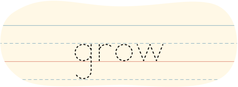 A red dot tracing the printed word "grow"