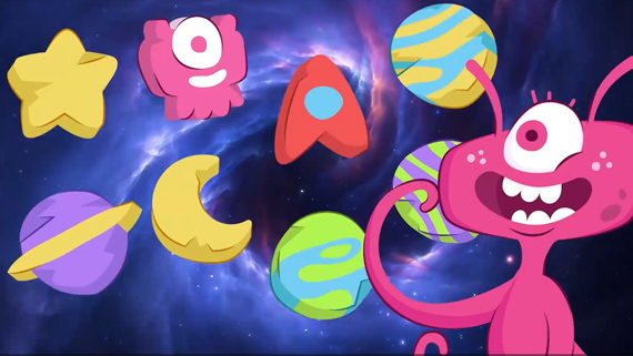 An image from the Space Puffs cereal video where an alien gazes at marshmallows shaped like planets, aliens, and rockets floating in space