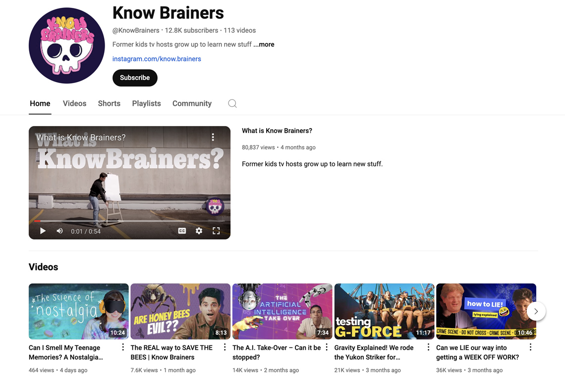 A screenshot of the YouTube channel Know Brainers, featuring recent videos.