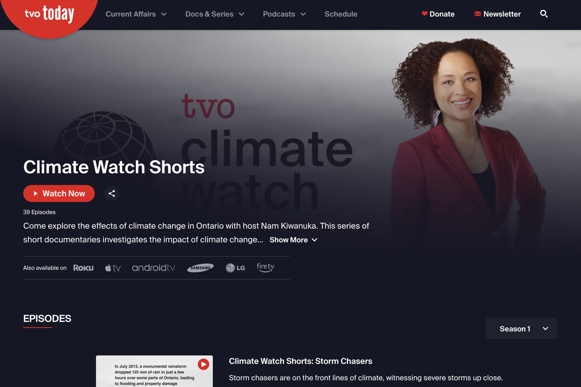A screenshot of the documentary Climate Watch Shorts on TVO Today.