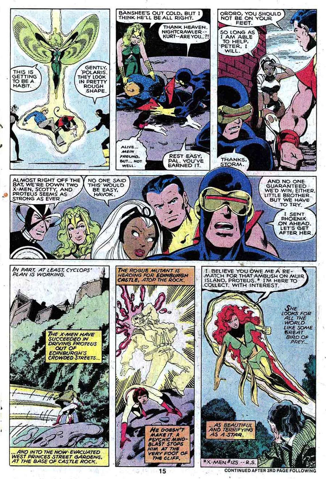 A page of a comic book showing the X-Men (a team of superheroes) fighting various villains.
