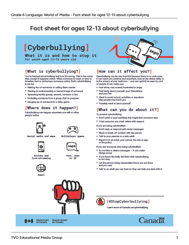 Fact Sheet for ages 12-13 about cyberbullying
