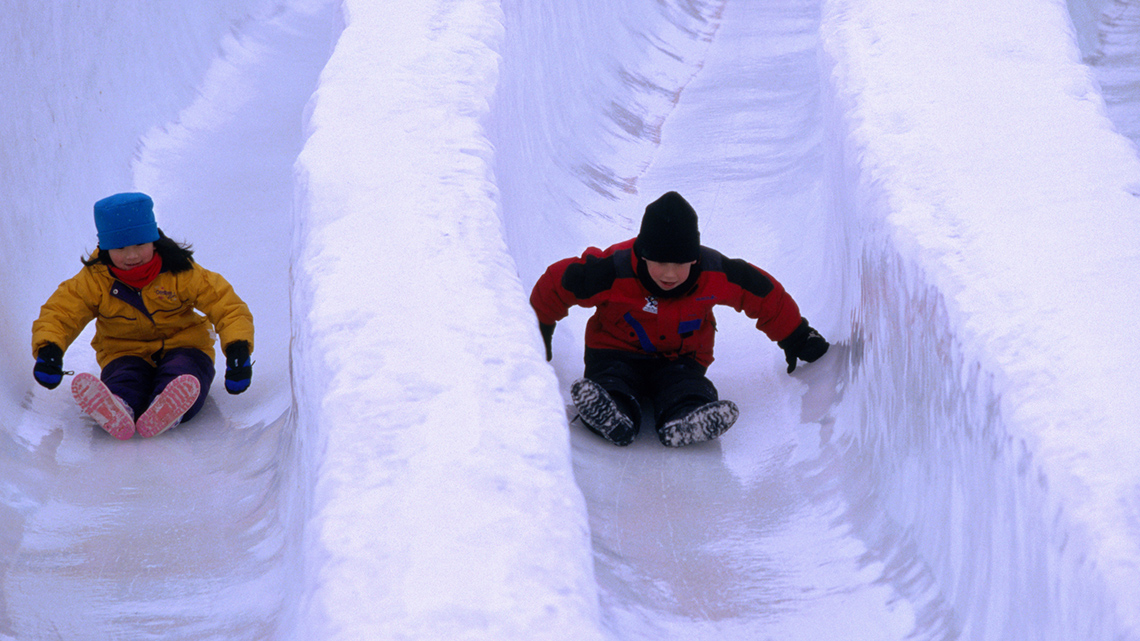 People sliding down snow slides.