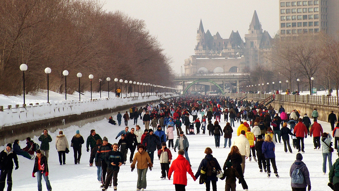People ice skating at the Rideau Canal and Dow’s Lake.