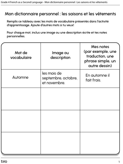 Mon dictionnaire personnel: Les saisons et les vêtements