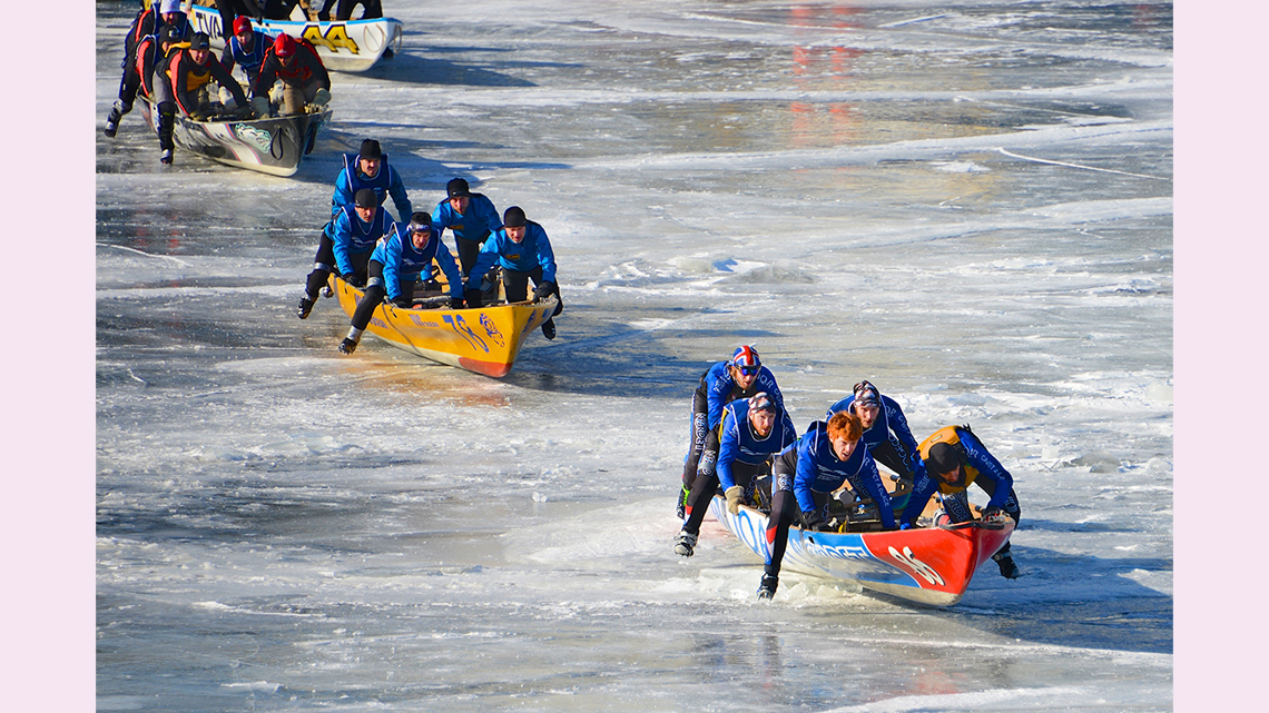 Canoe race in the snow at the Quebec winter carnival