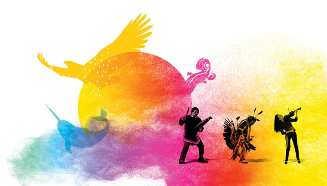 Three artists singing and performing with an eagle and dolphin painted in the background.