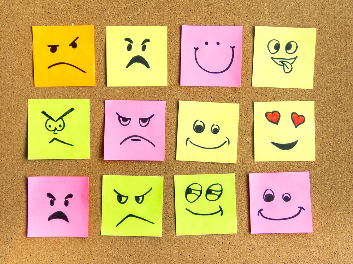 A board displaying a variety of emotions on sticky notes.