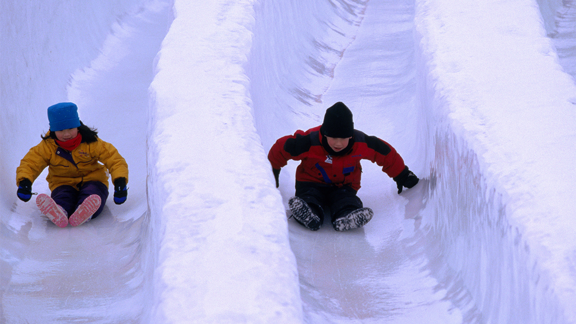 People sliding down snow slides.