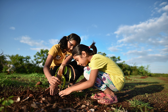 Two girls planting a tree.