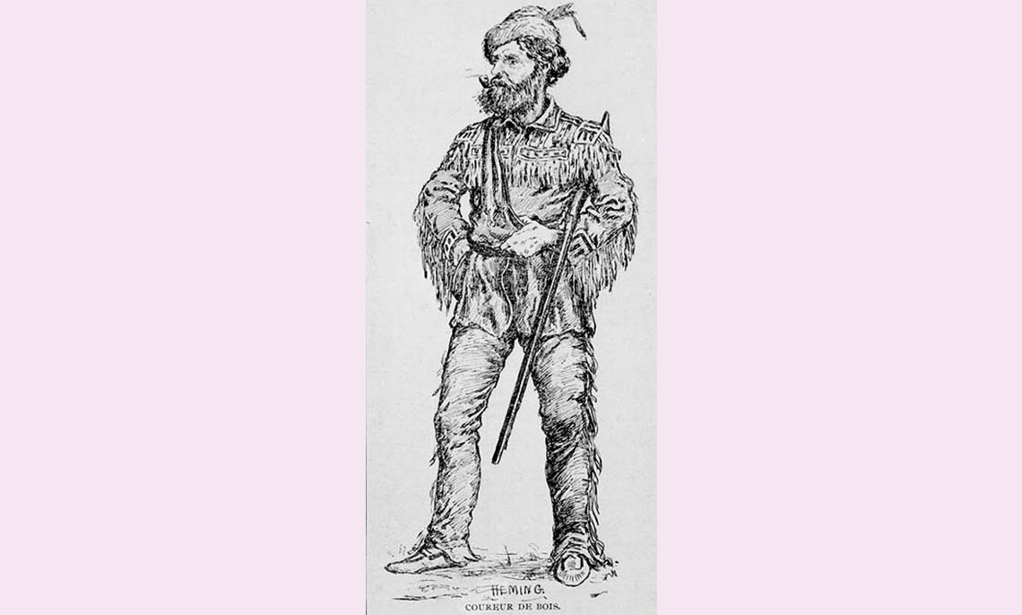 A black and white drawing of a man with a spear with the title of “coureur de bois”. 