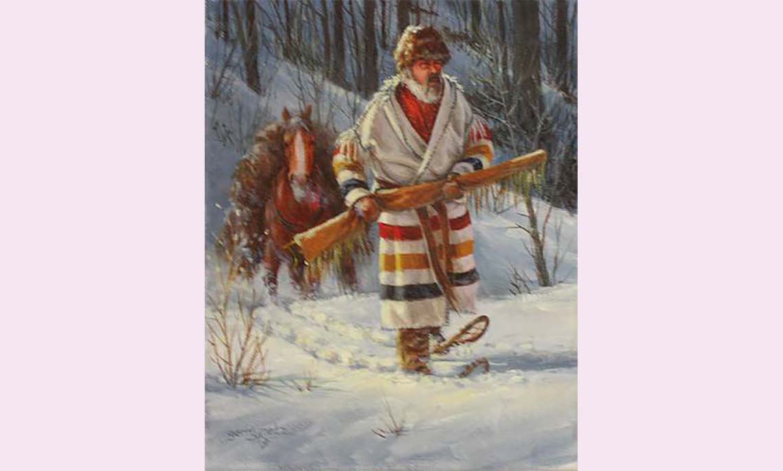 A fur trader walking in a winter field with fur strapped to a horse behind him.