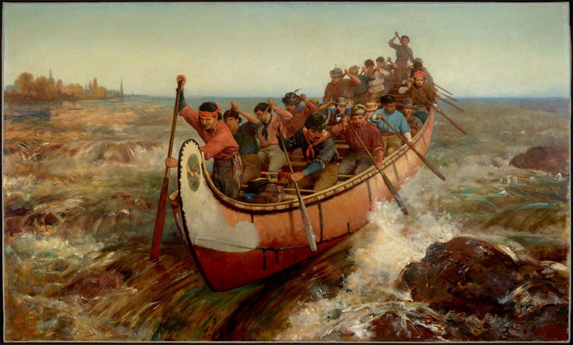 Fur traders rowing a canoe on a river.