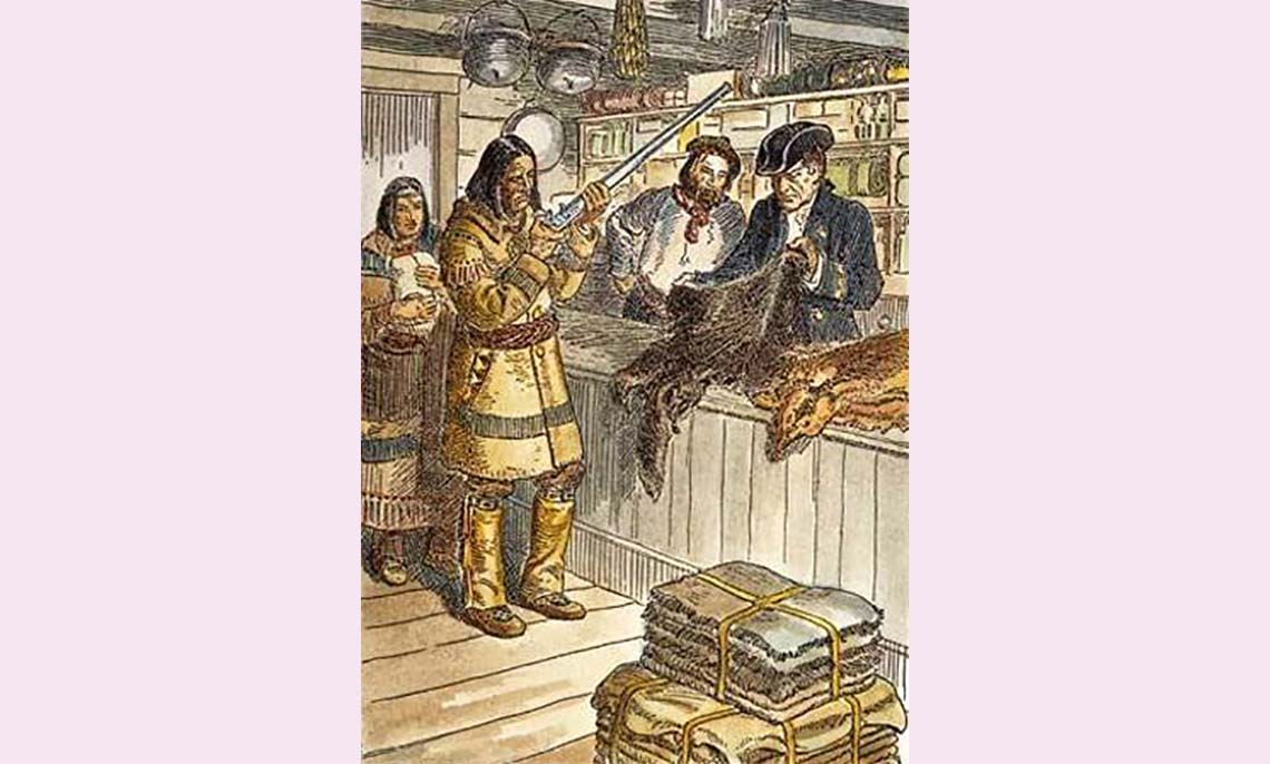 Fur traders in a shop trading with Indigenous people.
