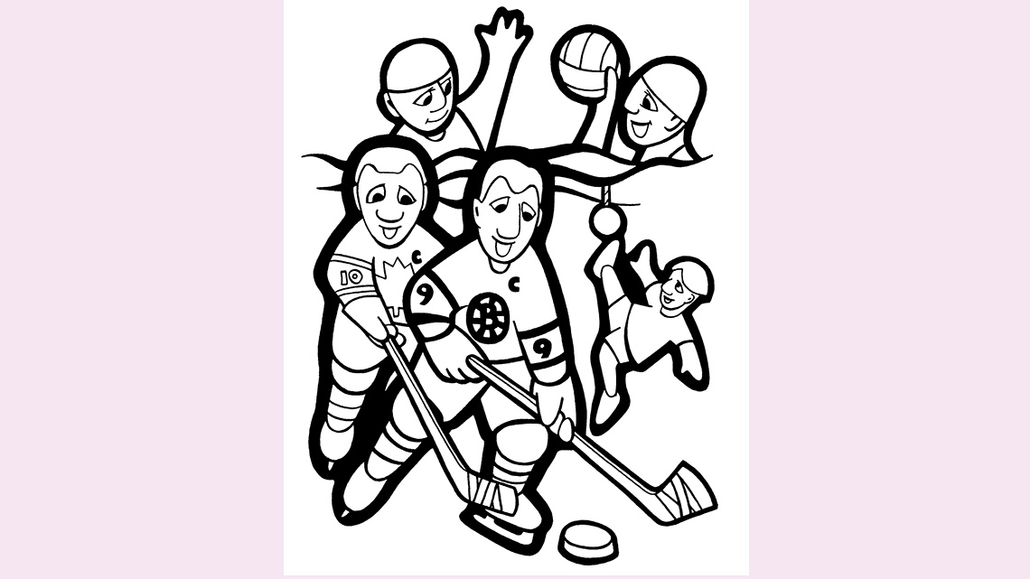A collage of someone playing hockey, volleyball, soccer and swimming.