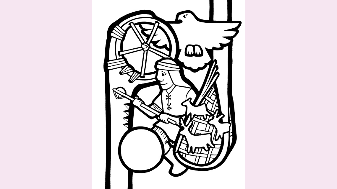 A man holding a lacrosse stick and ball with an eagle, moose, rabbit and deer beside him.