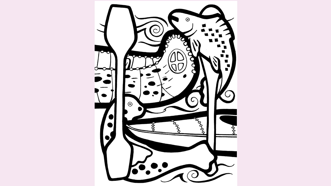 A salmon, a seal and two canoes.