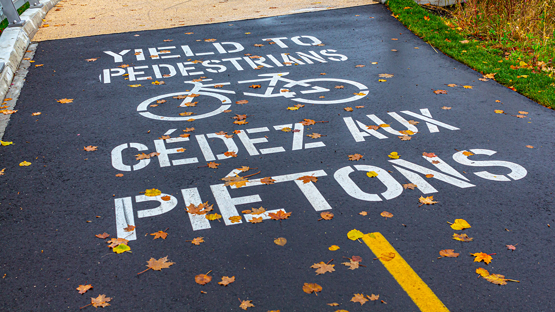 Bilingual sign painted on pavement: Yield to pedestrians, cédez aux piétons