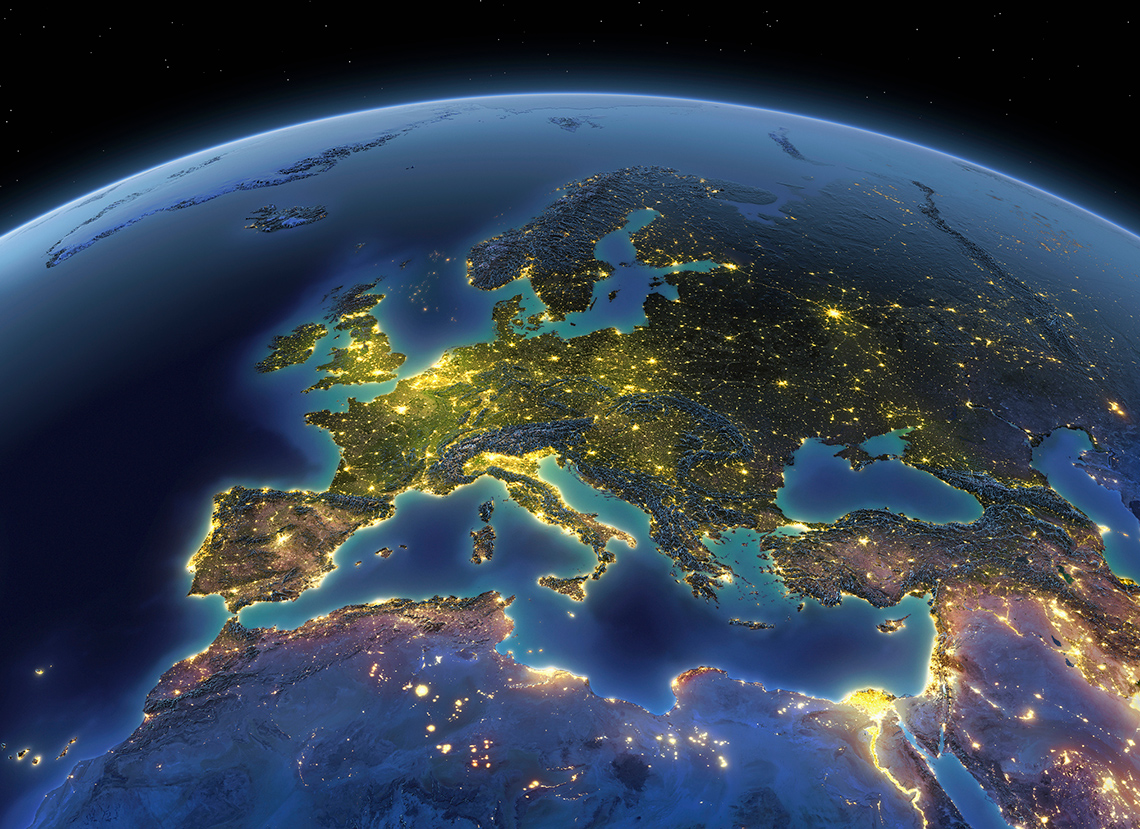 A view of the earth with several lights.