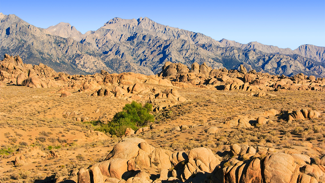 A sunny, dry and rocky mountain environment with tall mountain peaks in the distance.