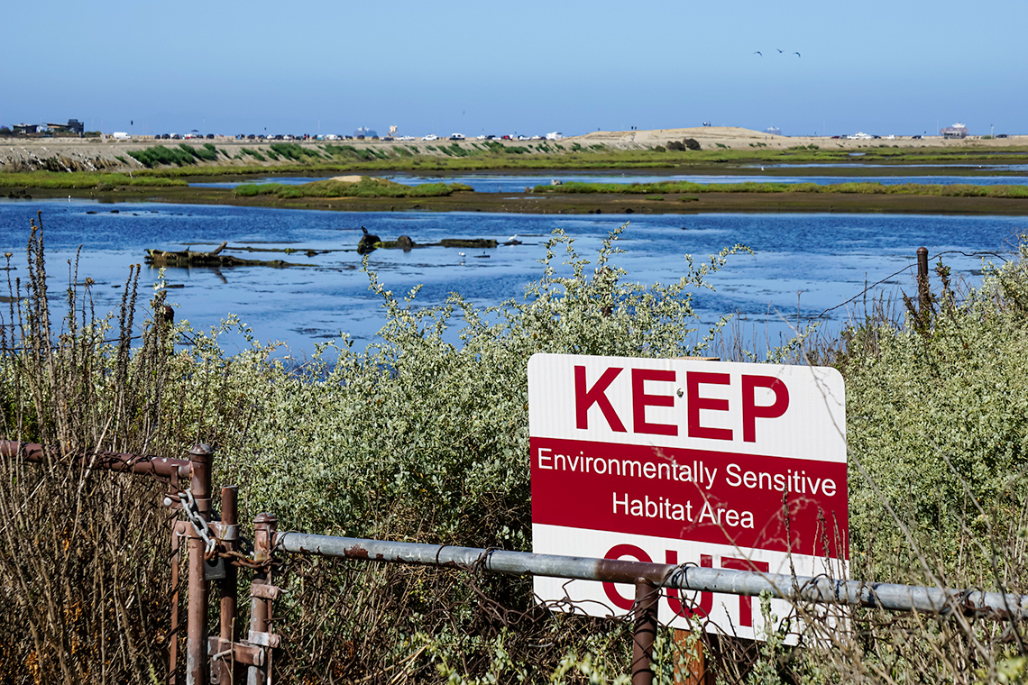 A sign saying “Keep environmentally sensitive habitat area” It depicts a protected natural space.
