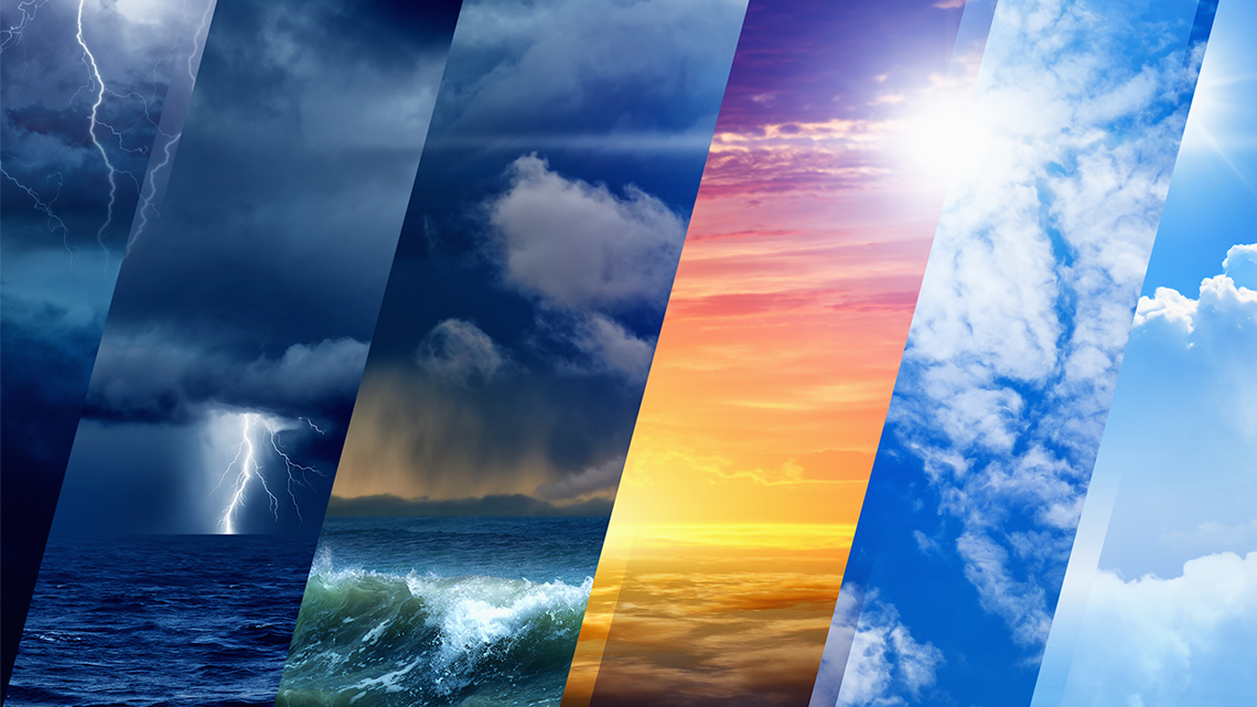An image that has six vertical columns with six kinds of weather changing from stormy to sunny.